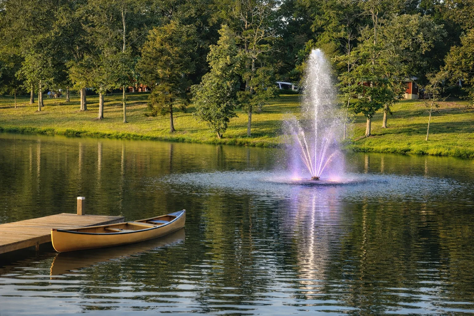 Private lake and fountain at Sparks Lake Resort in Nacogdoches